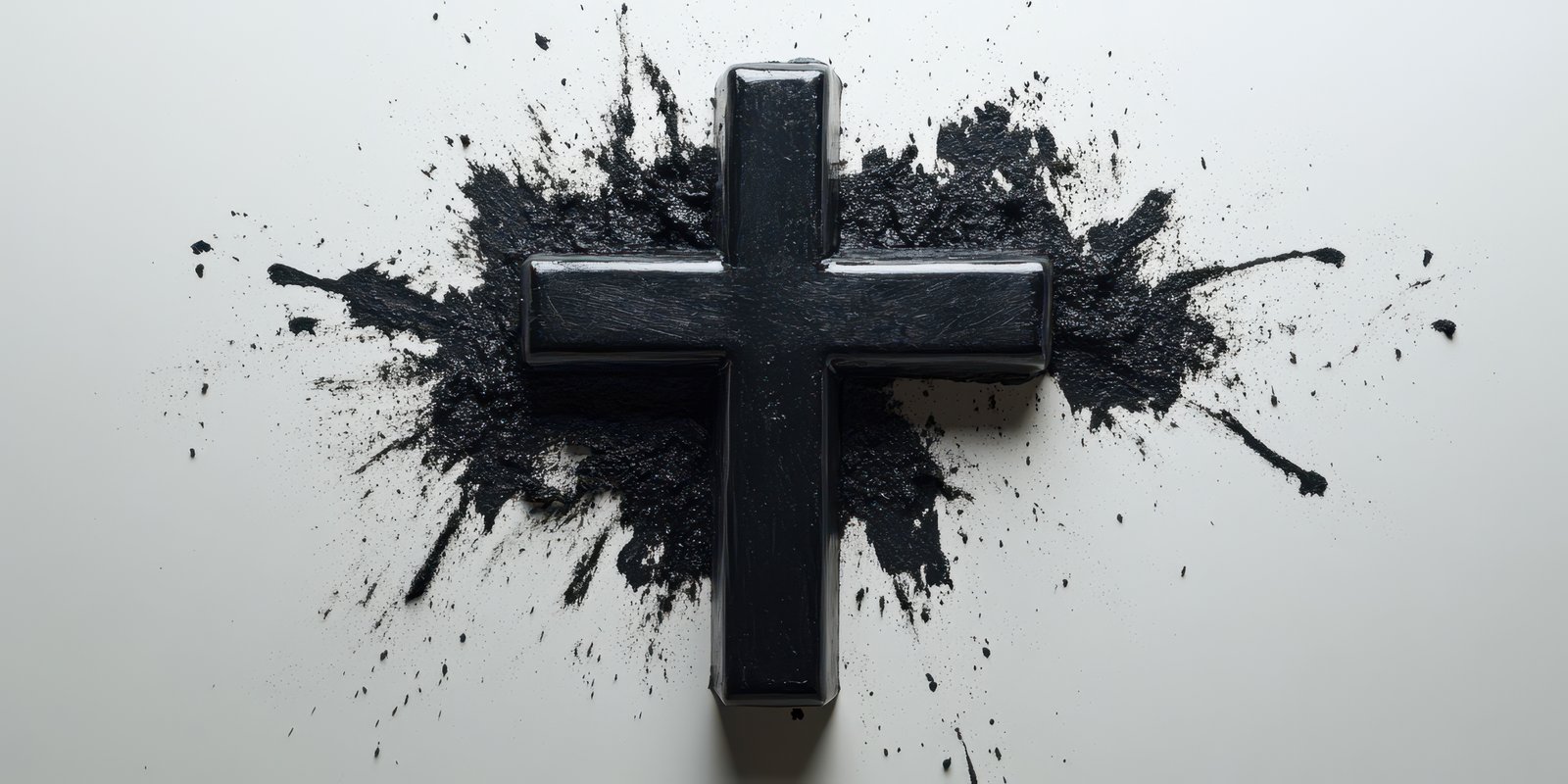 Black cross on a textured surface surrounded by splashes of dark paint or ink in a minimalist artistic display